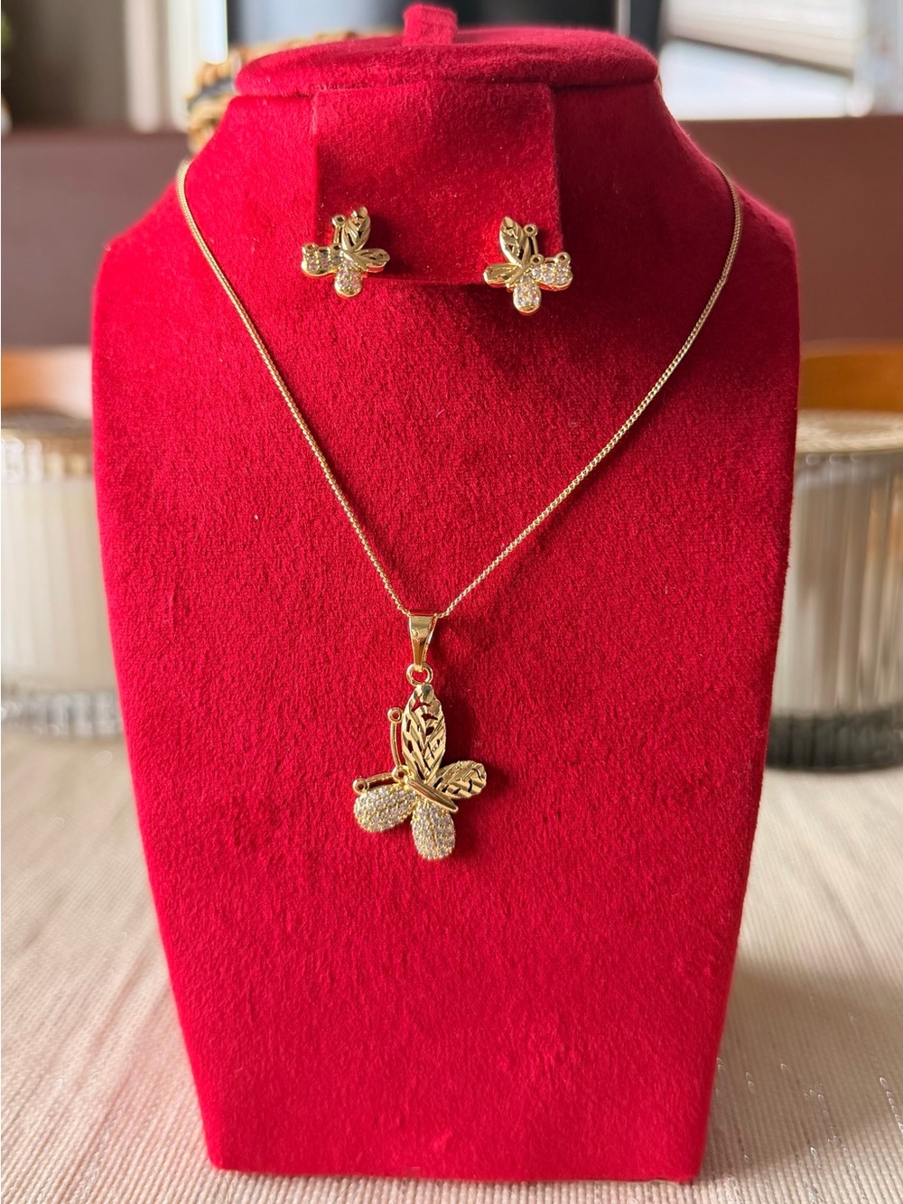 Gold Butterfly Pendant Necklace and Stud Earrings - Gold
